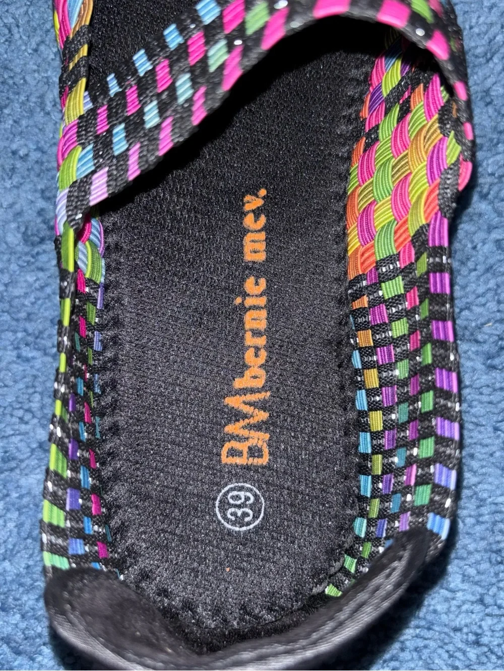 bernie mev. Black Sandals with Neon Multi-Color Woven Straps